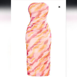 PrettyLittleThing printed mesh bandeau maxi dress